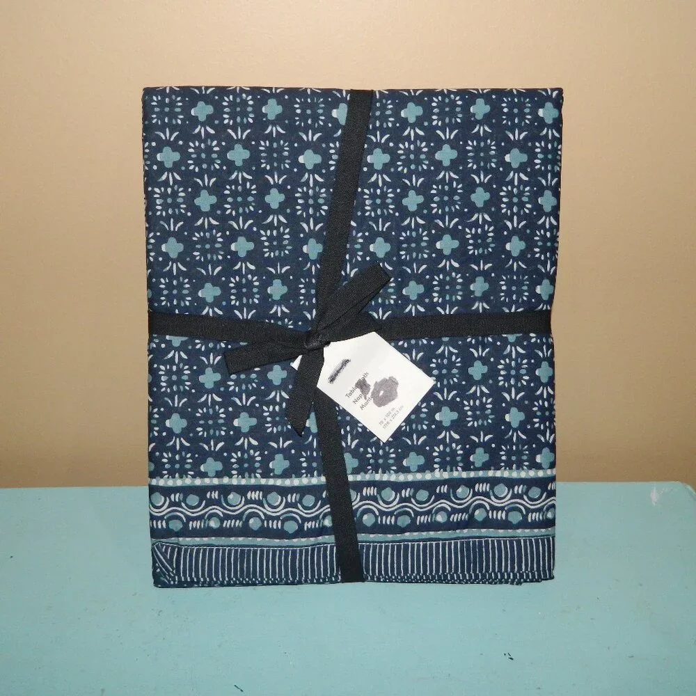 West Elm Jude Block Print Tablecloth Blue 70